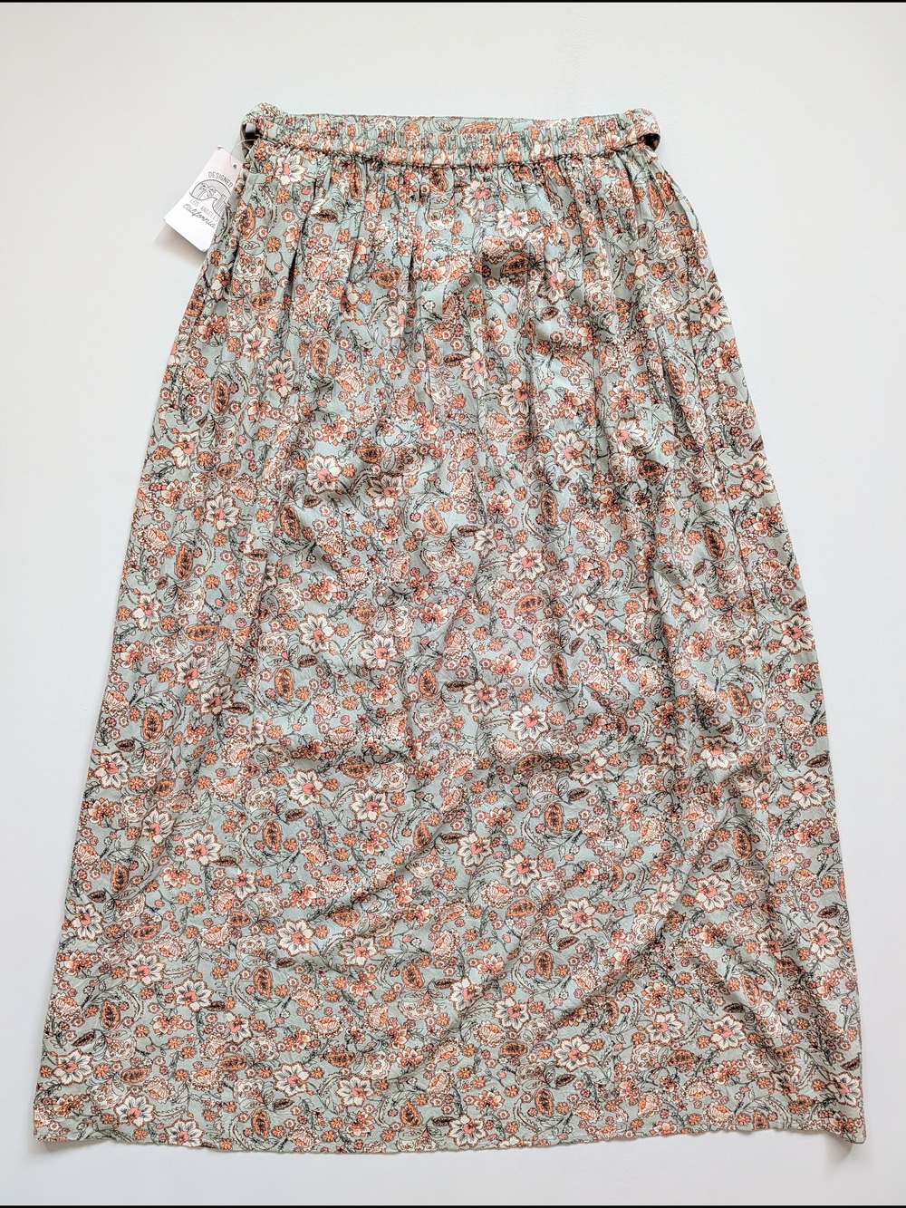 NWT Patrons of Peace Sage Peach Floral Double Slit Tie Waist Maxi Skirt Medium - Picture 2 of 7